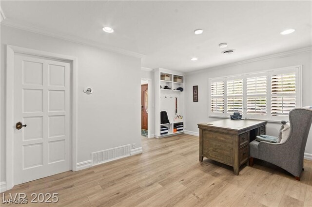 3108 Sonia Dr, Las Vegas, NV 89107 - office featuring crown molding, light wood-style floors, and recessed lighting