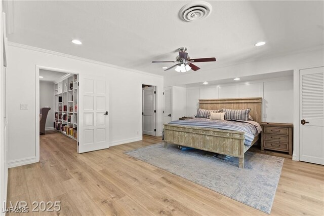 3108 Sonia Dr, Las Vegas, NV 89107 - bedroom featuring light wood finished floors, recessed lighting, ornamental molding, and a ceiling fan