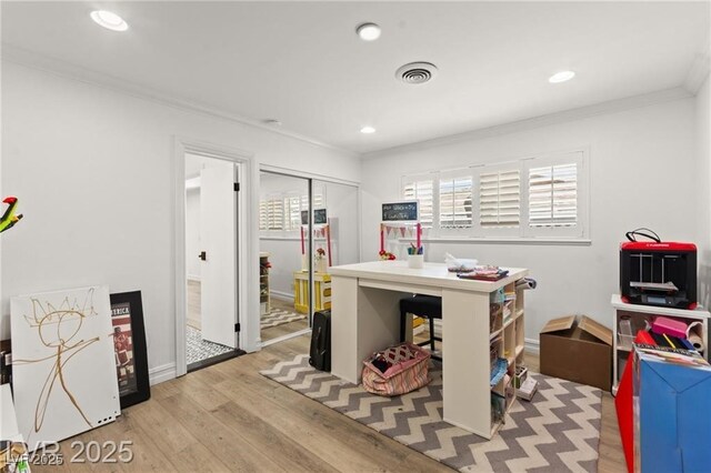 3108 Sonia Dr, Las Vegas, NV 89107 - office area featuring crown molding, wood finished floors, and recessed lighting