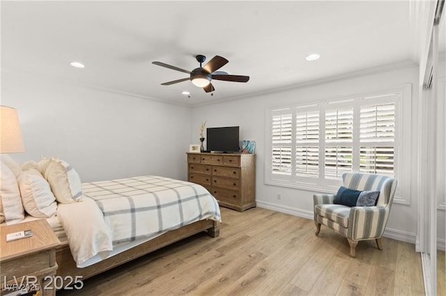3108 Sonia Dr, Las Vegas, NV 89107 - bedroom featuring light wood finished floors, crown molding, recessed lighting, and a ceiling fan