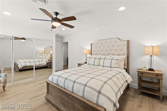 3108 Sonia Dr, Las Vegas, NV 89107 - bedroom with light wood finished floors, ornamental molding, a closet, recessed lighting, and ceiling fan