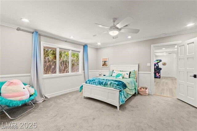 3108 Sonia Dr, Las Vegas, NV 89107 - bedroom with crown molding, recessed lighting, carpet flooring, and a ceiling fan