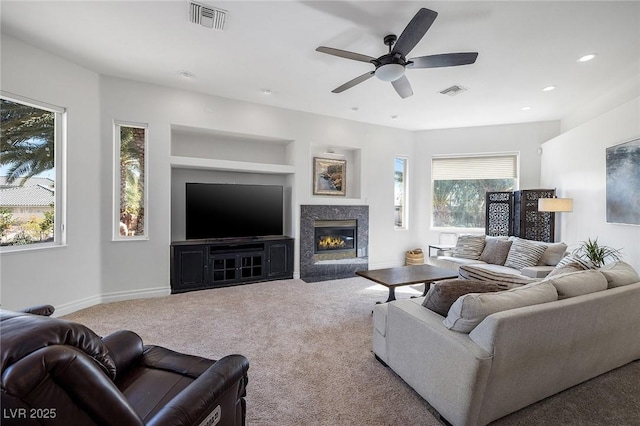 8290 Gagnier Blvd, Las Vegas, NV 89113 - living area with a ceiling fan, carpet floors, built in features, recessed lighting, and a premium fireplace