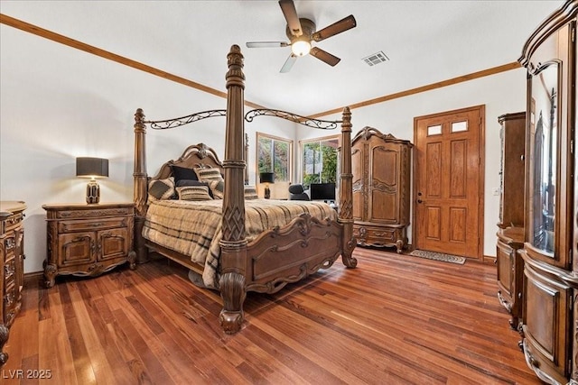10674 Chillingham Dr, Las Vegas, NV 89183 - bedroom featuring wood finished floors, ornamental molding, and ceiling fan