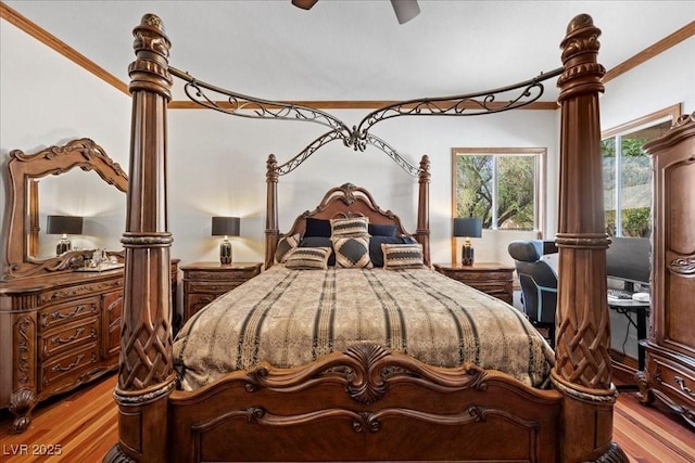 10674 Chillingham Dr, Las Vegas, NV 89183 - bedroom featuring wood finished floors, crown molding, and ceiling fan