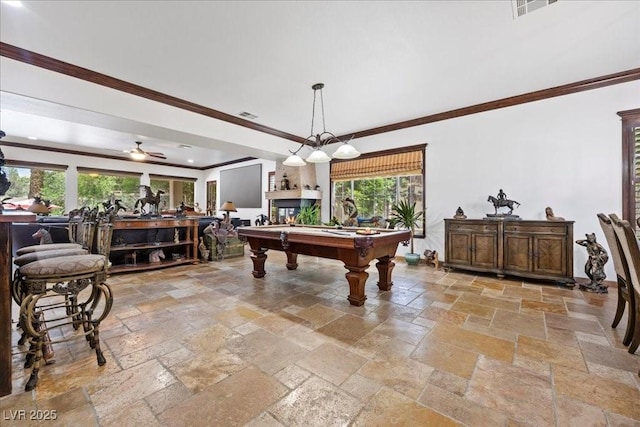 10674 Chillingham Dr, Las Vegas, NV 89183 - playroom featuring stone tile flooring, ornamental molding, pool table, and ceiling fan