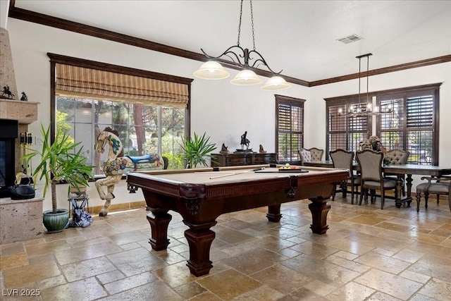 10674 Chillingham Dr, Las Vegas, NV 89183 - playroom featuring stone tile floors, healthy amount of natural light, crown molding, and billiards