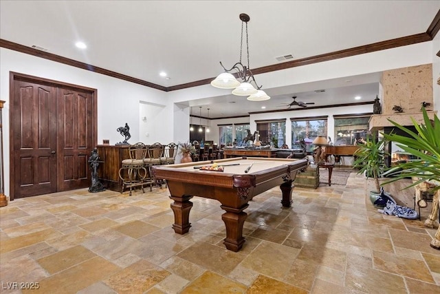 10674 Chillingham Dr, Las Vegas, NV 89183 - recreation room with stone tile flooring, billiards table, a ceiling fan, and crown molding