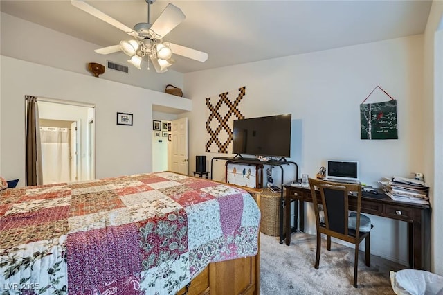 2401 Ocean Edge Ct, Las Vegas, NV 89134 - bedroom with carpet floors, vaulted ceiling, an office area, and a ceiling fan