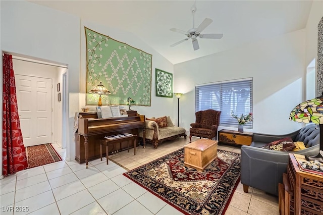 2401 Ocean Edge Ct, Las Vegas, NV 89134 - living room with a ceiling fan, light tile patterned flooring, and high vaulted ceiling
