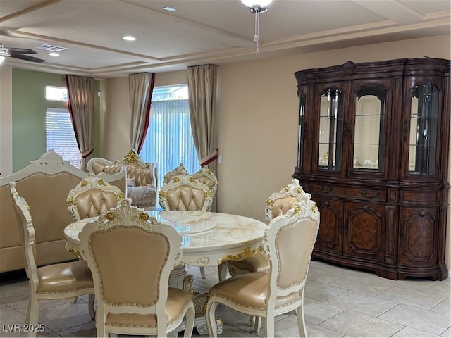 6277 Mustang Spring Ave, Las Vegas, NV 89139 - dining room with healthy amount of natural light, recessed lighting, coffered ceiling, beam ceiling, and light tile patterned flooring