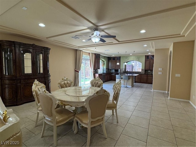 6277 Mustang Spring Ave, Las Vegas, NV 89139 - dining area featuring ceiling fan, recessed lighting, light tile patterned floors, and coffered ceiling