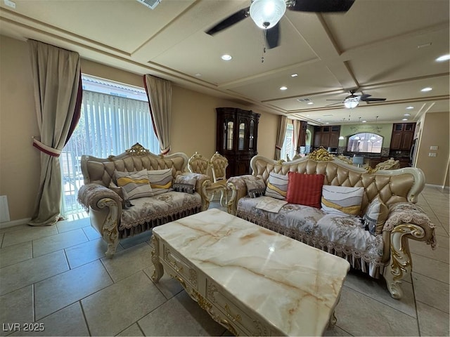 6277 Mustang Spring Ave, Las Vegas, NV 89139 - living area with a ceiling fan, coffered ceiling, recessed lighting, beam ceiling, and light tile patterned floors