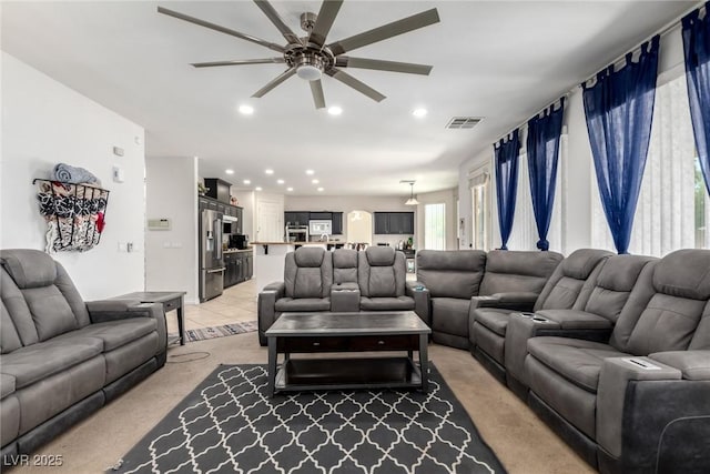 6351 Abacus Farms Ct, Las Vegas, NV 89131 - living room with ceiling fan, recessed lighting, and light carpet