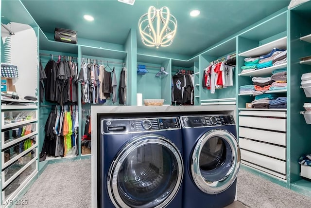 6351 Abacus Farms Ct, Las Vegas, NV 89131 - washroom with separate washer and dryer, a chandelier, carpet flooring, and recessed lighting