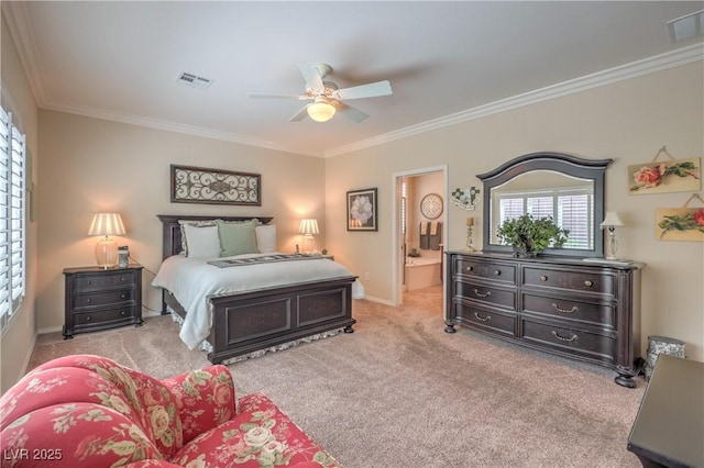 2225 Blackburn Hills Ave, Henderson, NV 89044 - bedroom with ornamental molding, carpet flooring, ceiling fan, and ensuite bath