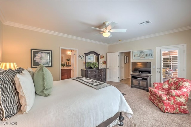 2225 Blackburn Hills Ave, Henderson, NV 89044 - carpeted bedroom with ornamental molding, ceiling fan, and ensuite bath