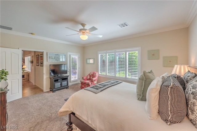 2225 Blackburn Hills Ave, Henderson, NV 89044 - bedroom with carpet floors, crown molding, and ceiling fan