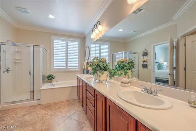 2225 Blackburn Hills Ave, Henderson, NV 89044 - full bathroom with connected bathroom, a bath, double vanity, a shower stall, and crown molding