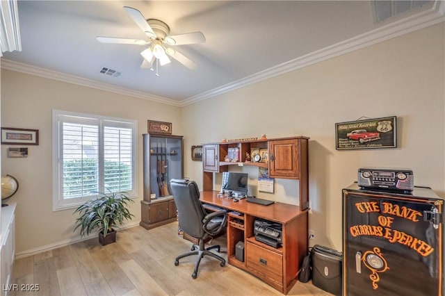2225 Blackburn Hills Ave, Henderson, NV 89044 - home office featuring ceiling fan, crown molding, and light wood-style floors