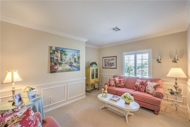 2225 Blackburn Hills Ave, Henderson, NV 89044 - carpeted living room with a decorative wall, ornamental molding, and a wainscoted wall