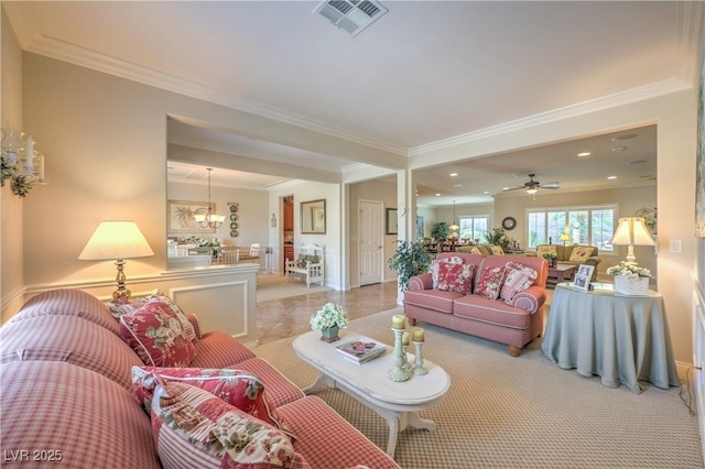 2225 Blackburn Hills Ave, Henderson, NV 89044 - living room with crown molding, a chandelier, ceiling fan, and recessed lighting