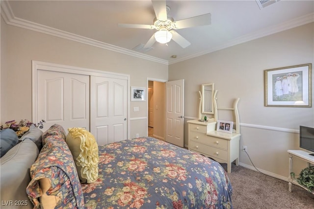 2225 Blackburn Hills Ave, Henderson, NV 89044 - carpeted bedroom featuring ornamental molding, a closet, and ceiling fan