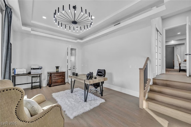 2058 Troon Dr, Henderson, NV 89074 - office area with wood finished floors, a tray ceiling, and recessed lighting