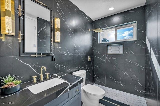 2058 Troon Dr, Henderson, NV 89074 - full bathroom with tile walls, a tile shower, vanity, and tile patterned flooring