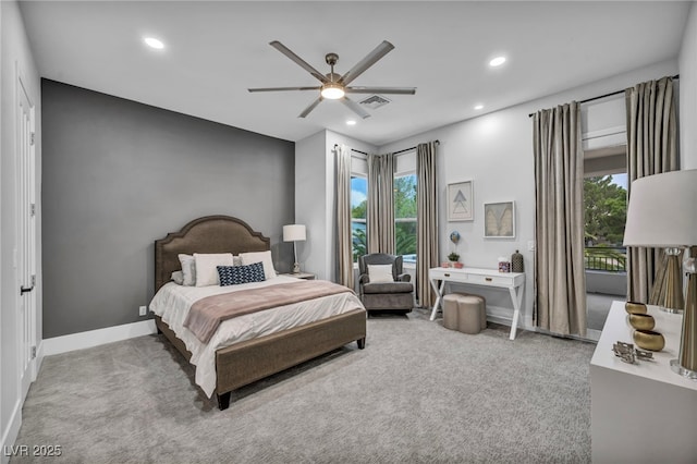 2058 Troon Dr, Henderson, NV 89074 - bedroom featuring carpet floors, recessed lighting, access to outside, and ceiling fan