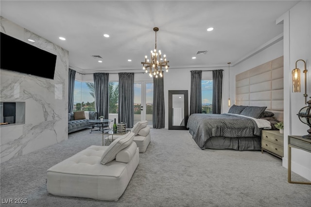 2058 Troon Dr, Henderson, NV 89074 - bedroom featuring carpet flooring, ornamental molding, access to outside, a chandelier, and recessed lighting