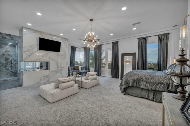 2058 Troon Dr, Henderson, NV 89074 - carpeted bedroom featuring a chandelier, recessed lighting, a high end fireplace, and crown molding
