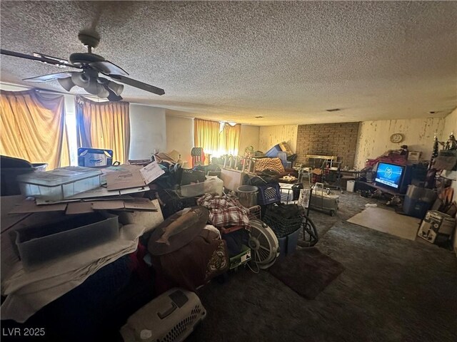 3505 W Bonanza Rd, Las Vegas, NV 89107 - living area featuring a textured ceiling, ceiling fan, and carpet flooring