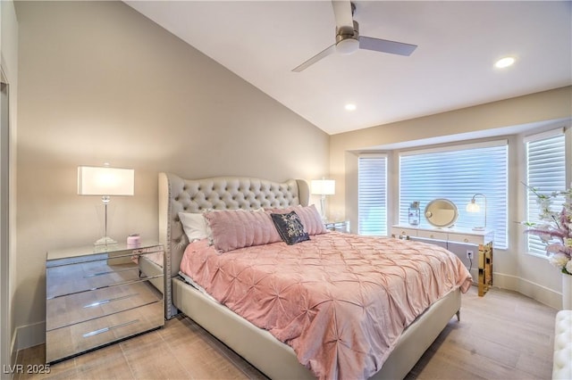 3101 Hayden Ct, Las Vegas, NV 89134 - bedroom featuring vaulted ceiling, light wood-style floors, recessed lighting, and a ceiling fan