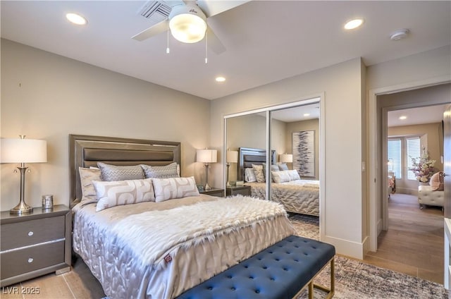3101 Hayden Ct, Las Vegas, NV 89134 - bedroom featuring recessed lighting, a closet, ceiling fan, and light wood finished floors