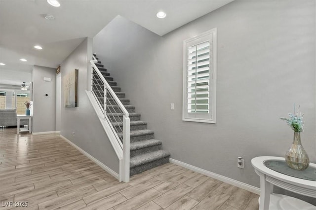 7456 Tinley Creek Ave, Las Vegas, NV 89113 - stairway with wood finished floors, recessed lighting, and a ceiling fan