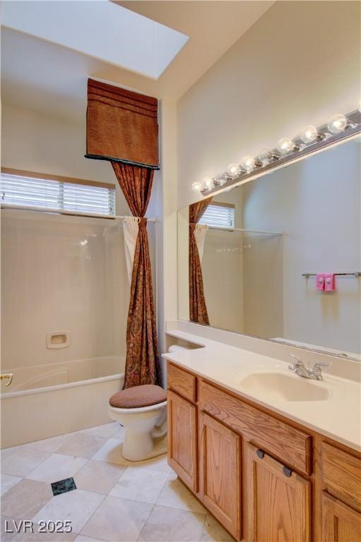 2026 Poppywood Ave, Henderson, NV 89012 - bathroom with shower / bath combo with shower curtain, vanity, and tile patterned floors