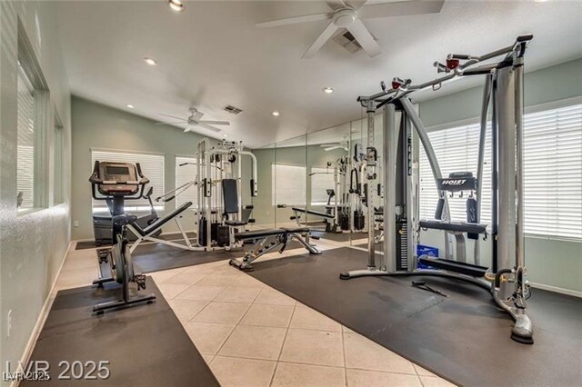 507 Satin Saddle Pl, Henderson, NV 89052 - workout area with ceiling fan, healthy amount of natural light, recessed lighting, and vaulted ceiling