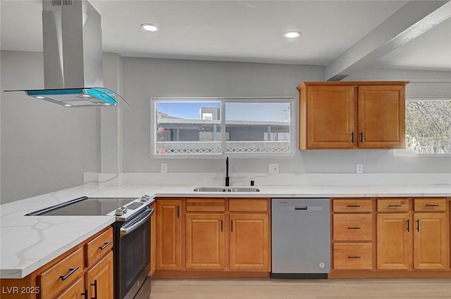 4807 Sacks Dr, Las Vegas, NV 89122 - kitchen with appliances with stainless steel finishes, island range hood, light wood-type flooring, beam ceiling, and light stone countertops