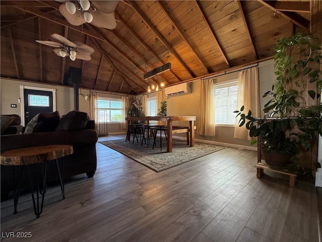 1829 Campton St, Ely, NV 89301 - dining room with wood ceiling, wood-type flooring, a ceiling fan, and a wall mounted AC