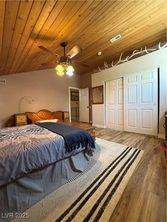 1829 Campton St, Ely, NV 89301 - bedroom featuring wood finished floors, a closet, a ceiling fan, and wooden ceiling