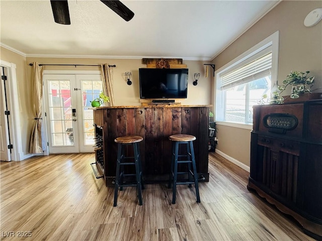 1829 Campton St, Ely, NV 89301 - indoor dry bar featuring light wood finished floors, crown molding, ceiling fan, and french doors