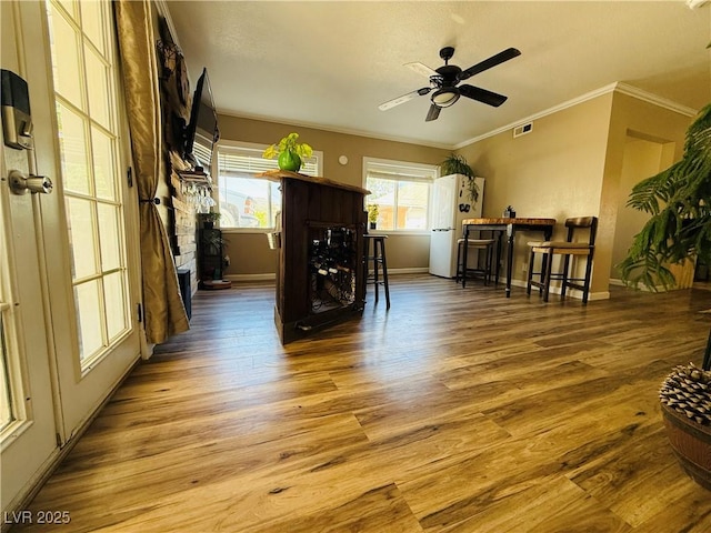 1829 Campton St, Ely, NV 89301 - living room with crown molding, wood finished floors, and ceiling fan