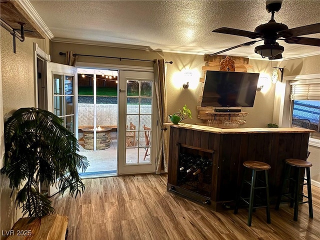 1829 Campton St, Ely, NV 89301 - indoor dry bar featuring ornamental molding, a textured ceiling, wood finished floors, a textured wall, and a ceiling fan