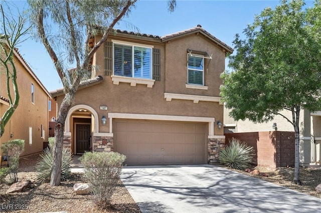 7407 Bakewell Ave, Las Vegas, NV 89179 - view of front of home featuring an attached garage, stucco siding, stone siding, driveway, and a tile roof