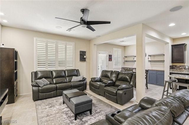 7407 Bakewell Ave, Las Vegas, NV 89179 - living room featuring ceiling fan, recessed lighting, and light tile patterned floors
