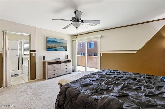 7407 Bakewell Ave, Las Vegas, NV 89179 - bedroom with access to exterior, light colored carpet, connected bathroom, and a ceiling fan