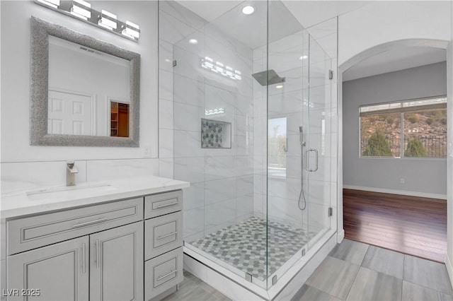 3079 Evening Mist Ave, Henderson, NV 89052 - bathroom with vanity, a shower stall, and recessed lighting