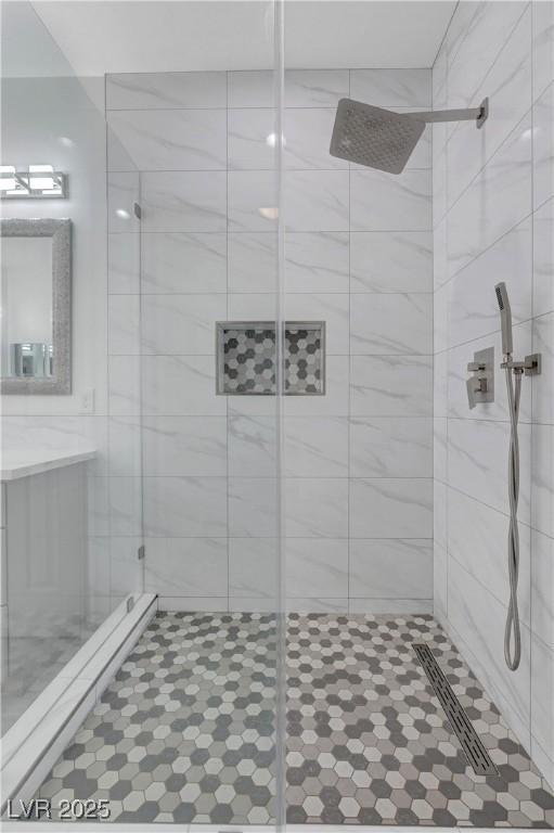 3079 Evening Mist Ave, Henderson, NV 89052 - bathroom featuring a shower stall and tile patterned floors