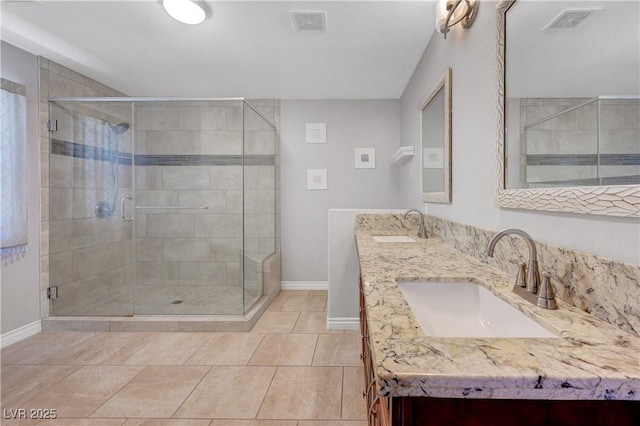 3079 Evening Mist Ave, Henderson, NV 89052 - full bath featuring double vanity, a stall shower, and tile patterned flooring